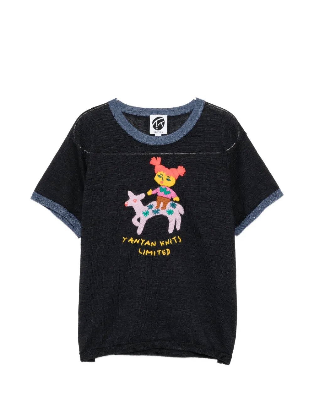 Yanyan Knits Campus Embroidered Ringer T-shirt In Black