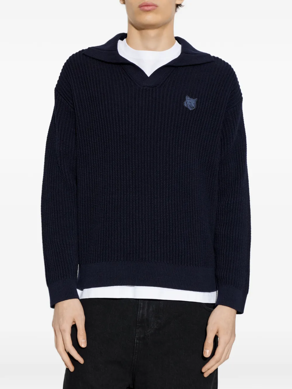 Maison Kitsuné Trui met geborduurd logo en V-hals Blauw
