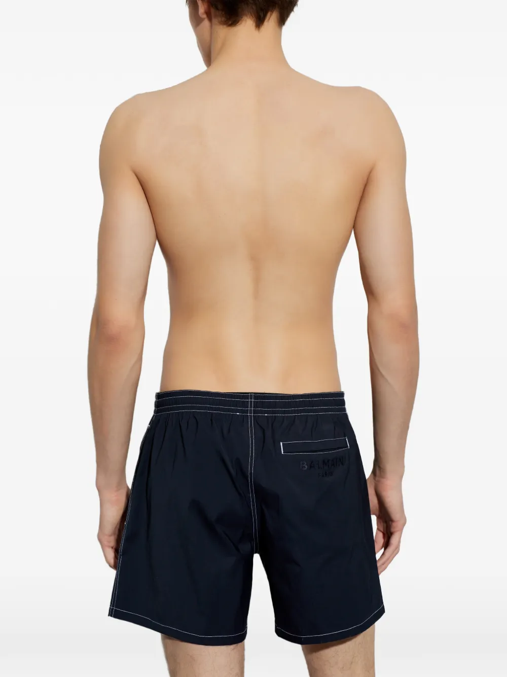  Balmain Topstitch Logo Swim Shorts - Blue 