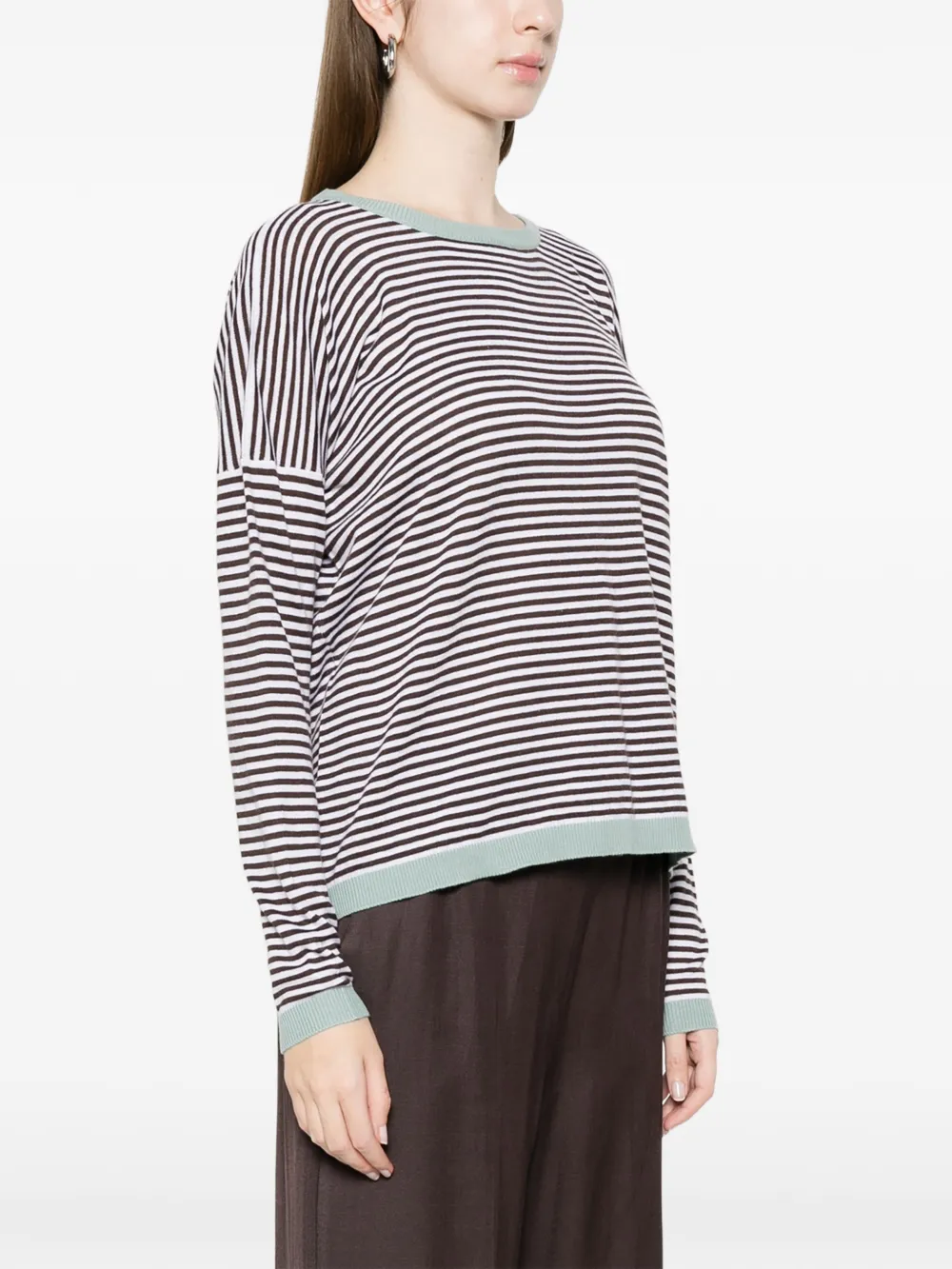  Beyou Striped Round-neck Sweater - Brown 