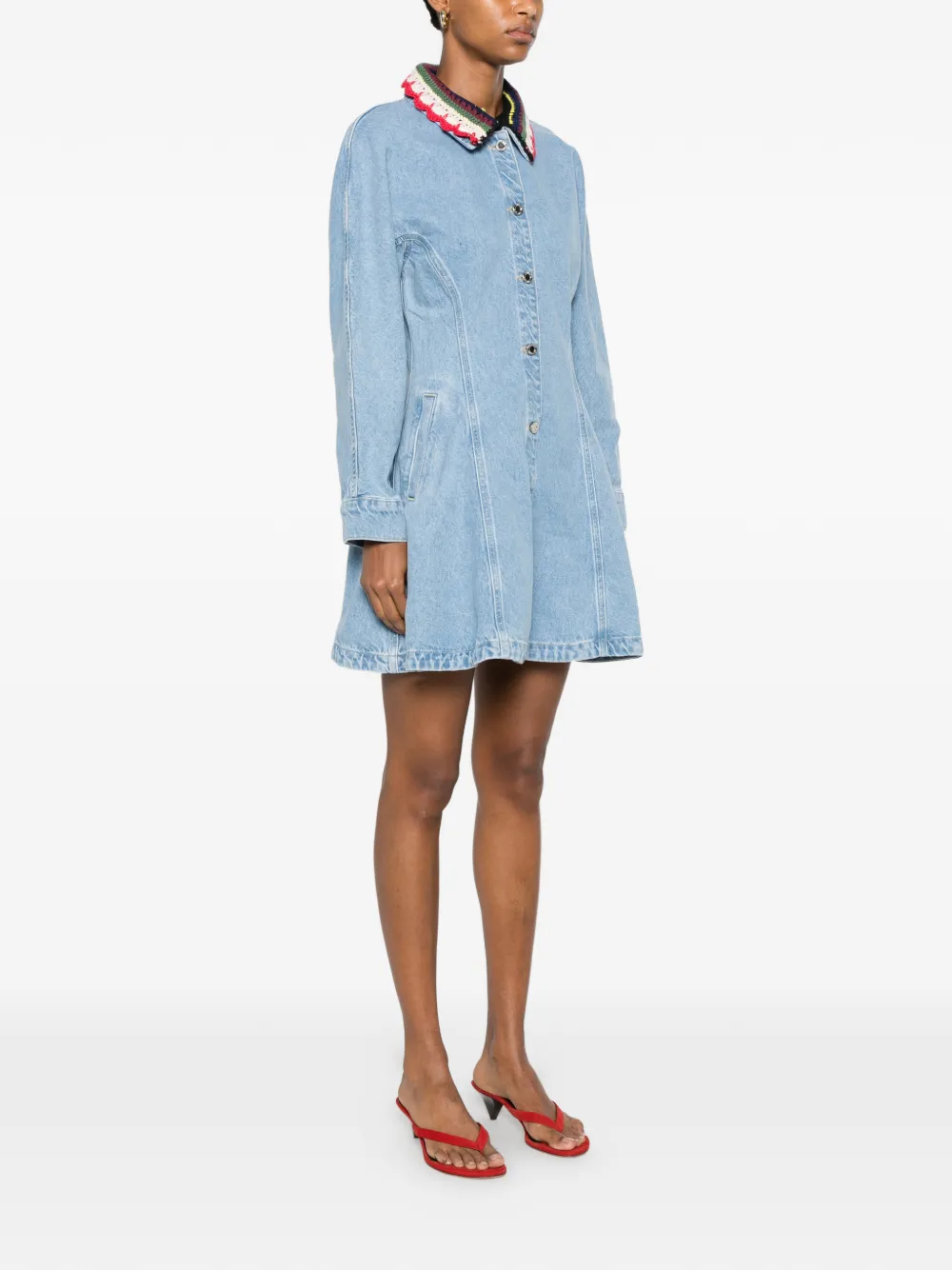 Stine Goya crochet-collar button-up mini dress Blauw