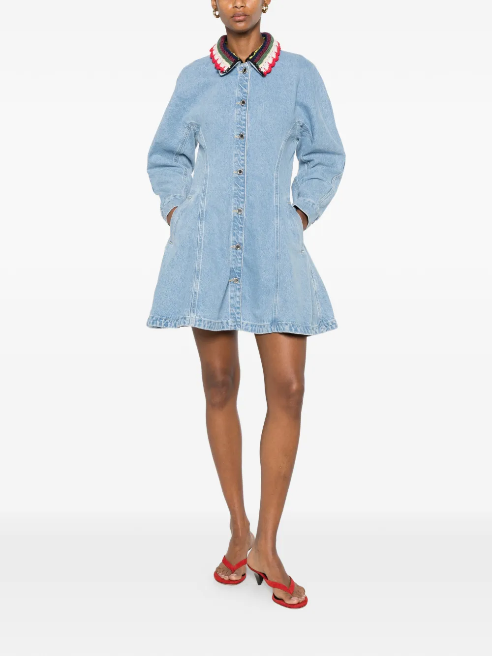 Stine Goya crochet-collar button-up mini dress Blauw