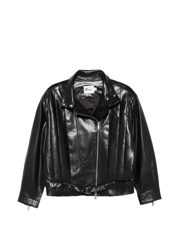 Self-Portrait Faux Leather Biker Jacket in Black