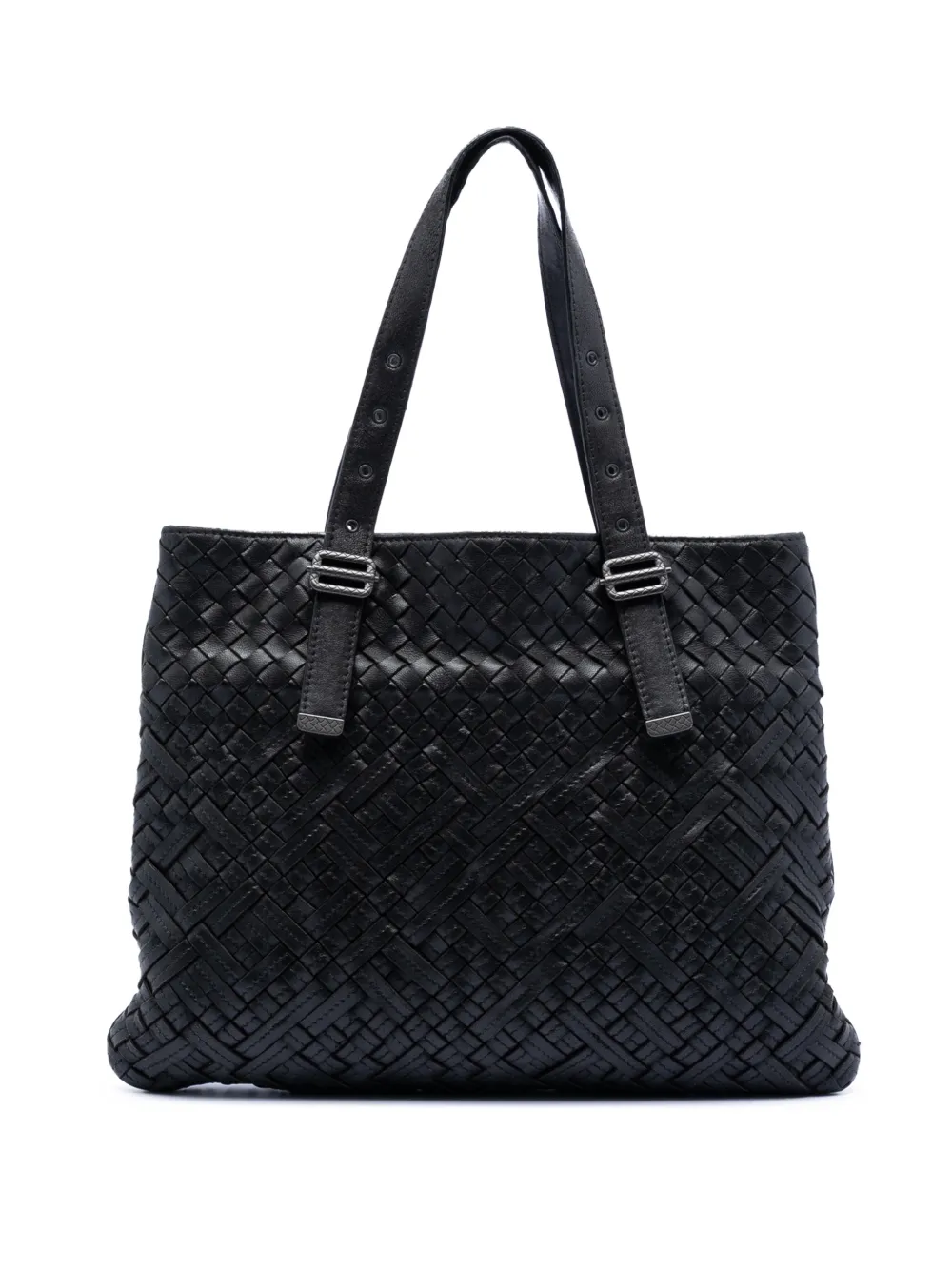 Pre-owned Bottega Veneta 2012-2025 Nappa Intrecciato Belted Flat Tote Bag In Black