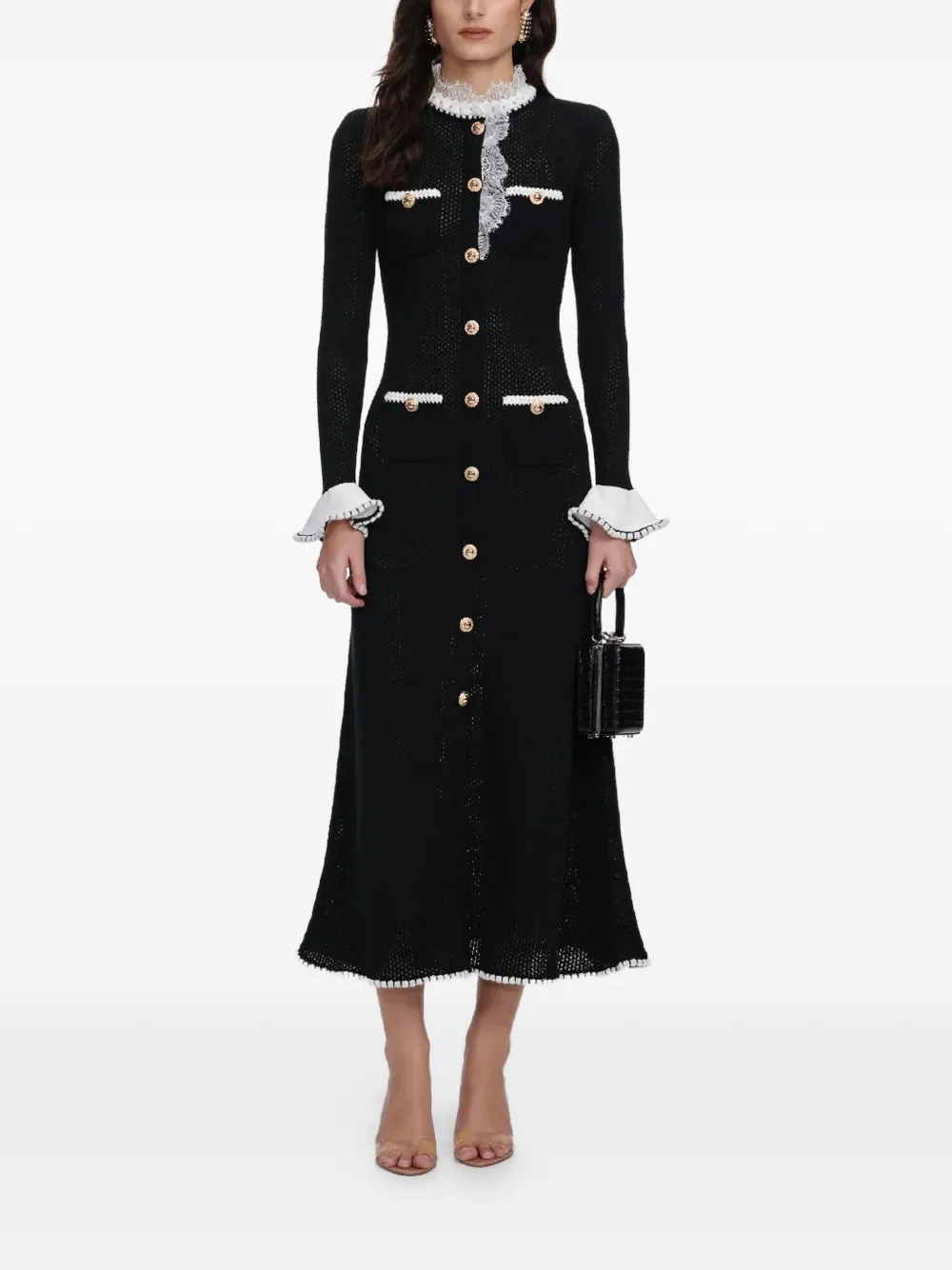 Self-Portrait lace collar button midi dress - Nero