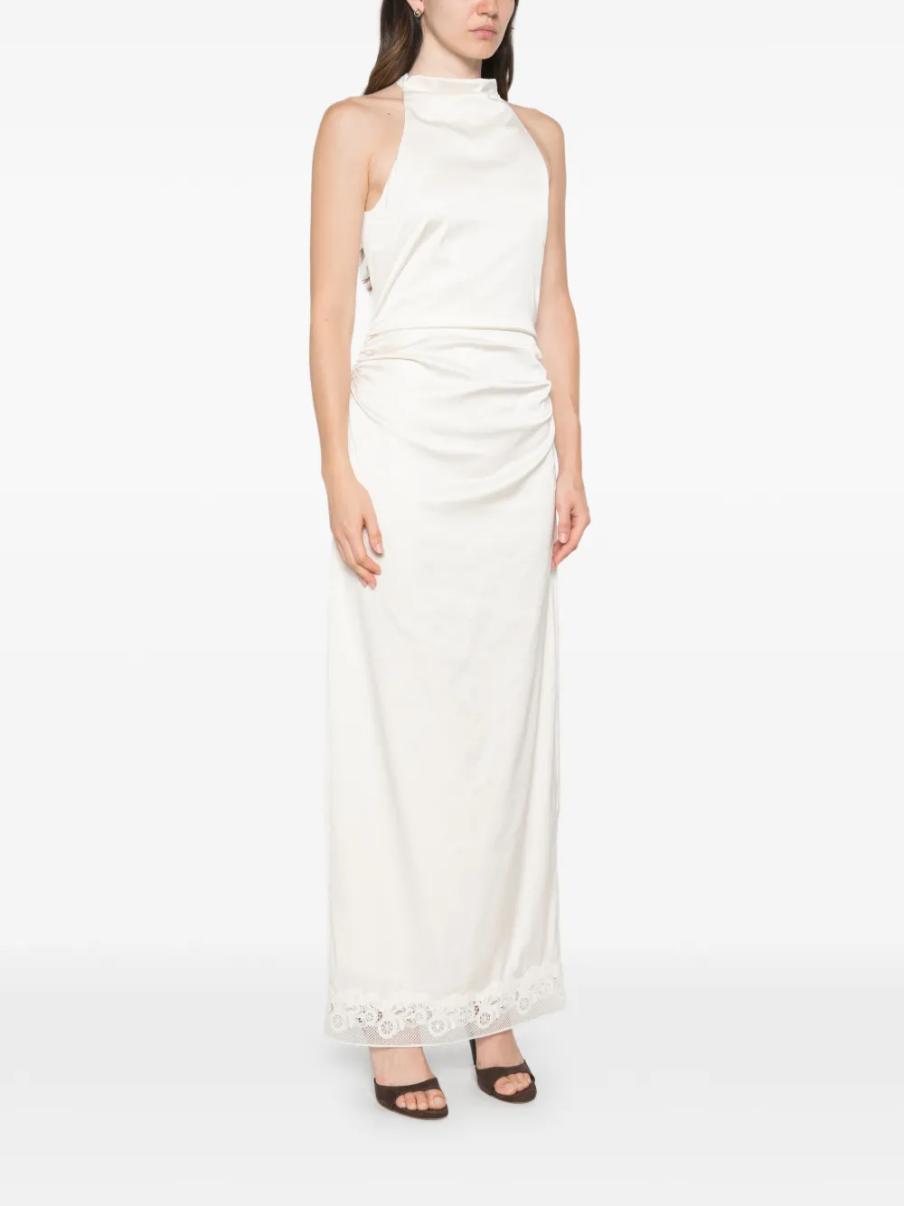 ROTATE BIRGER CHRISTENSEN Maxi-jurk met kanten afwerking en ruches Beige