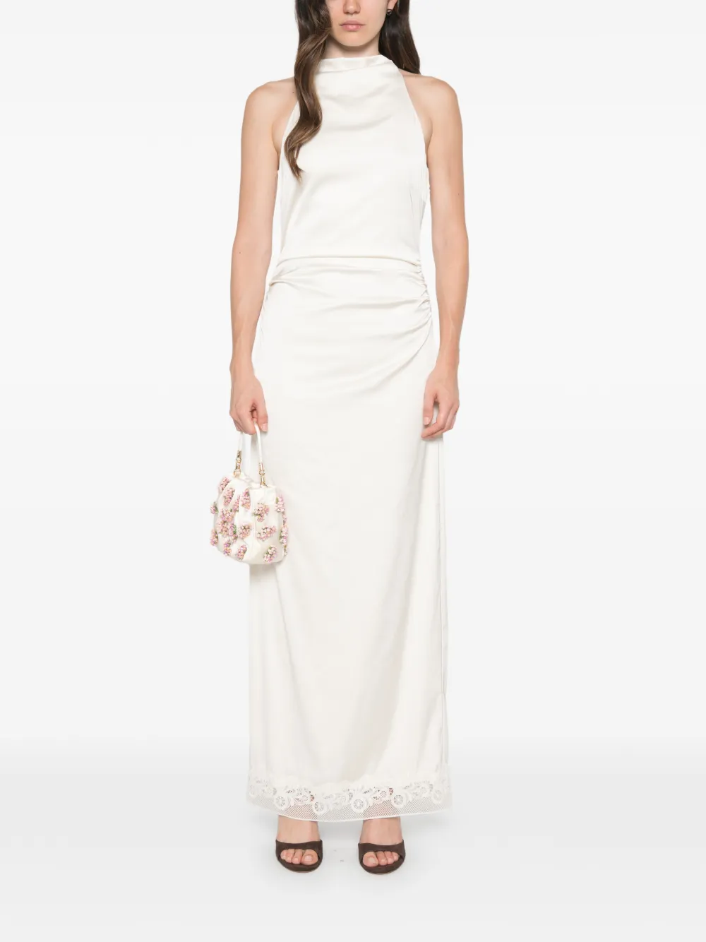 ROTATE BIRGER CHRISTENSEN Maxi-jurk met kanten afwerking en ruches Beige