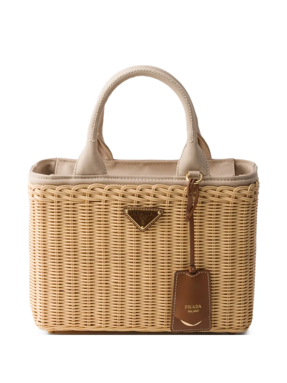 Prada medium wicker and canvas tote bag - Neutrals