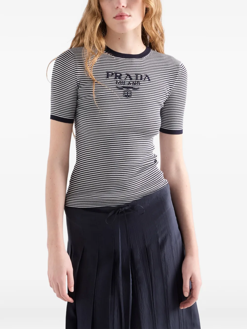 Prada Gestreepte zijden trui met ronde hals Blauw