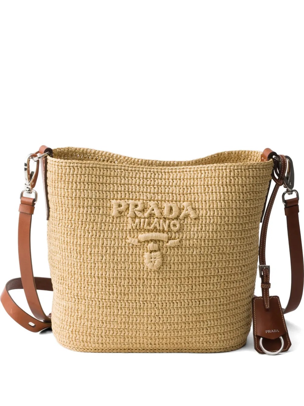 Prada Borsa a secchiello piccola in pelle con inserti all'uncinetto - Toni neutri