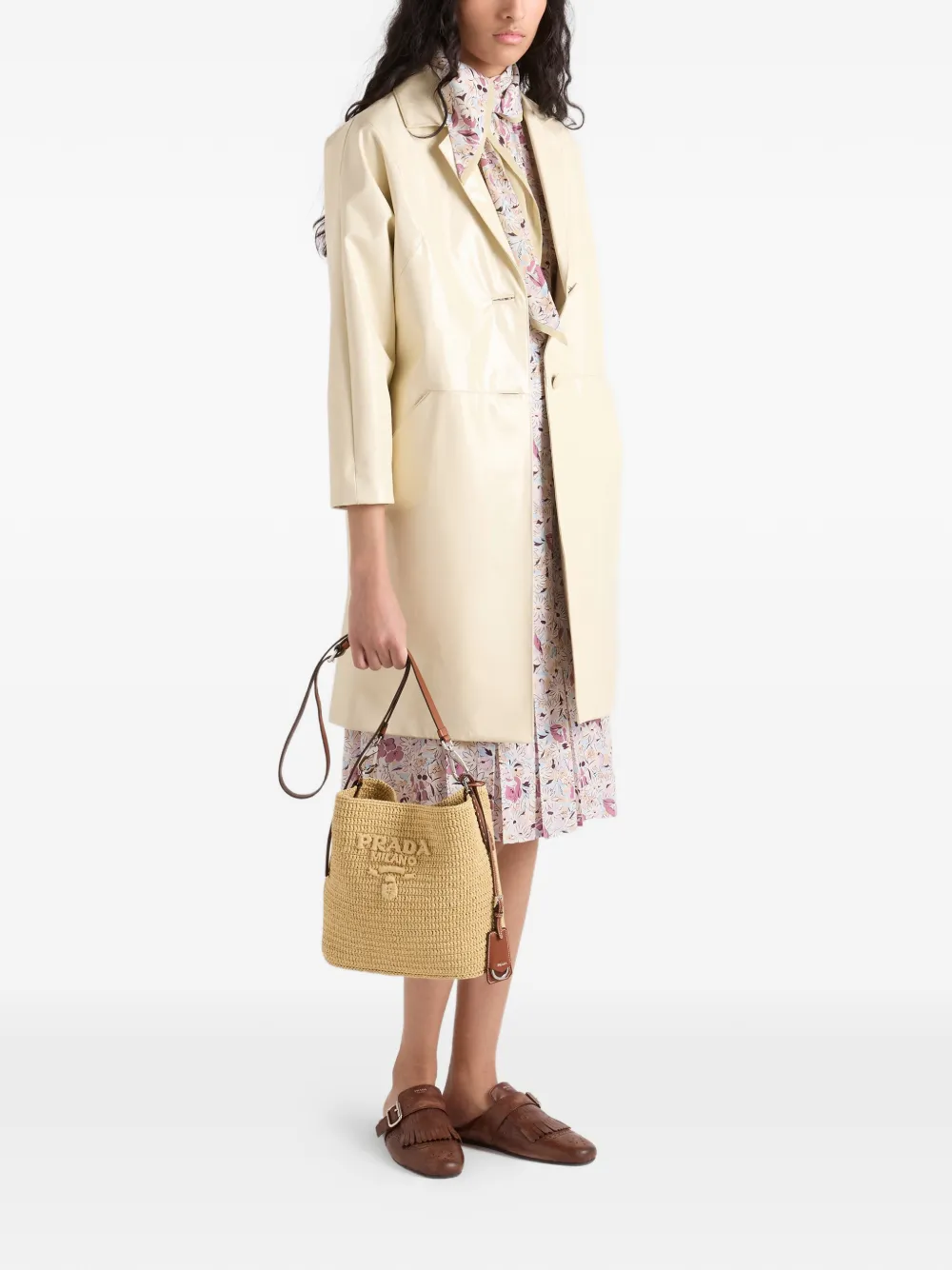 Prada Kleine gehaakte en leren bucket-tas Beige