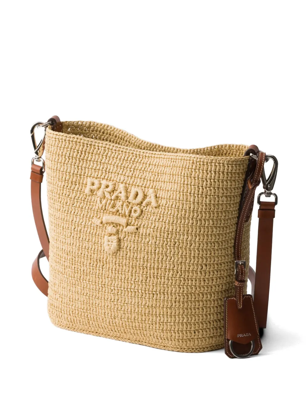 Prada Kleine gehaakte en leren bucket-tas Beige