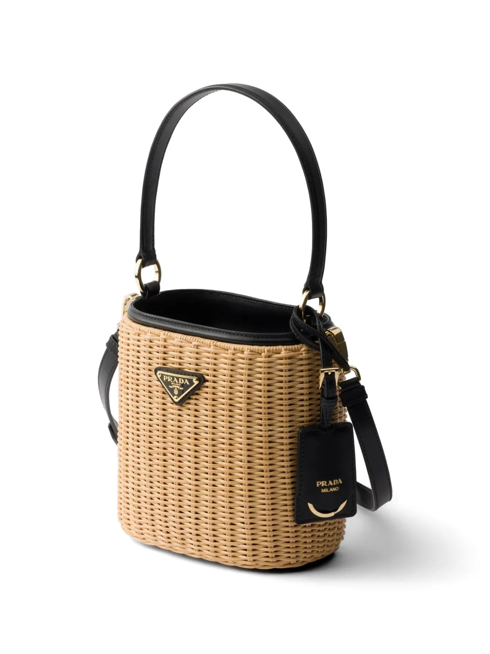 Prada Rieten en leren bucket-tas Beige