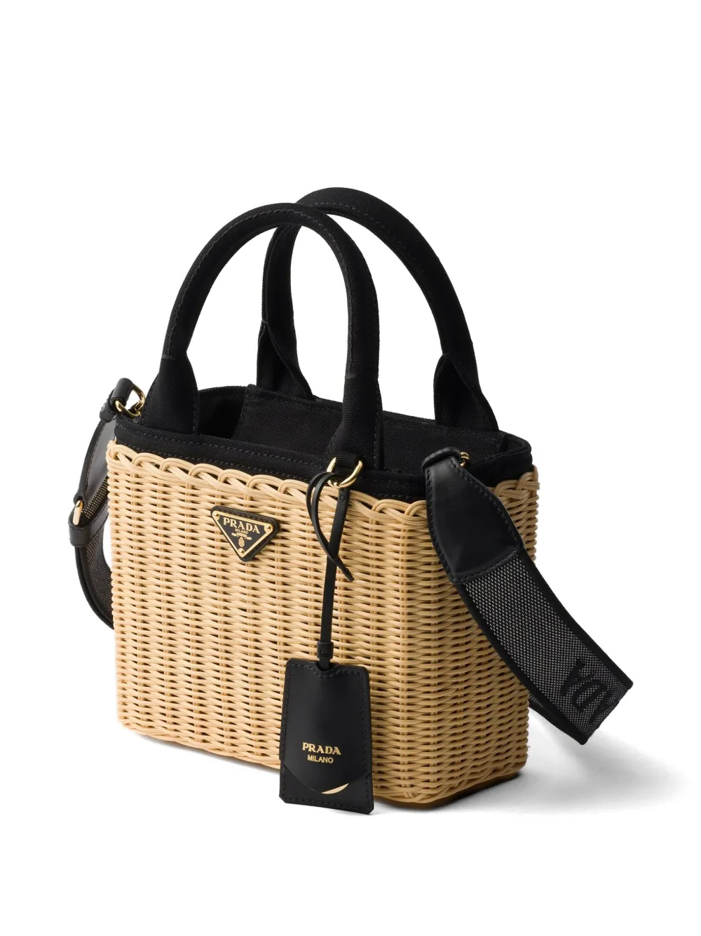 Prada Kleine rieten en canvas shopper Beige