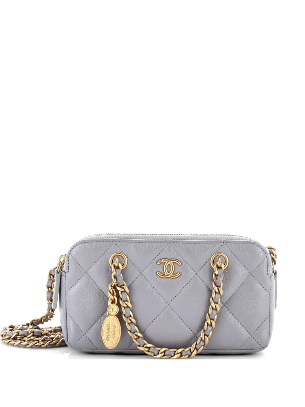 CHANEL Pre-Owned Medallion Charm Double Zip with Chain Quilted Caviar clutch bag - Grey
