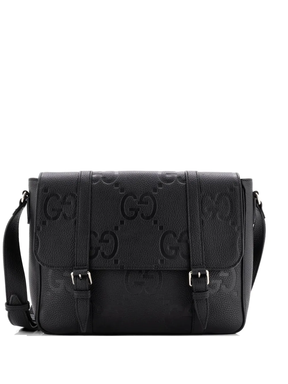 Gucci Pre-Owned Double Belt Flap Messenger Bag Jumbo GG Embossed Leather Medium crossbody bag - Nero