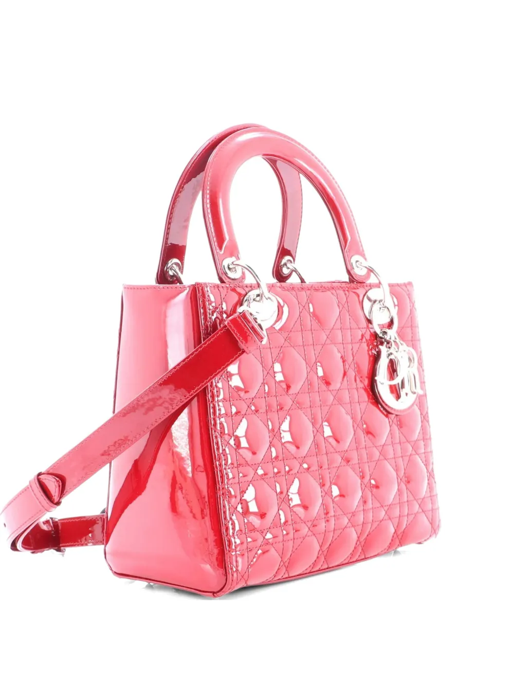 Christian Dior Pre-Owned Borsa a tracolla Lady Dior media trapuntata in pelle verniciata con motivo Cannage - Rosso