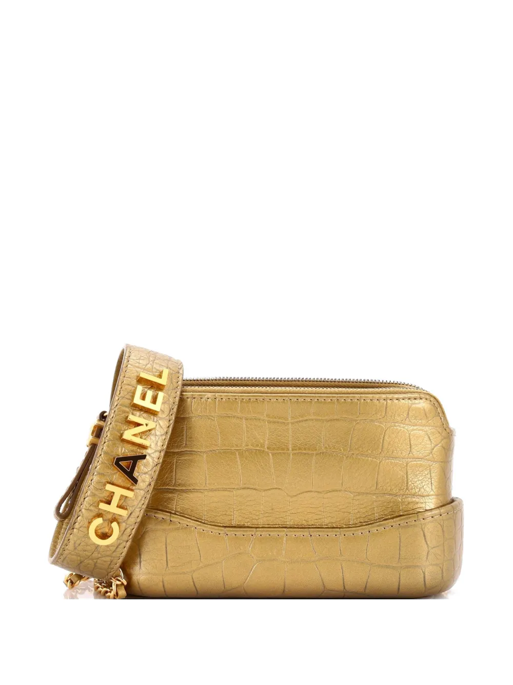 CHANEL Pre-Owned Gabrielle Logo Handle Double Zip Clutch with Chain Crocodile Embossed Calfskin shoulder bag - Oro