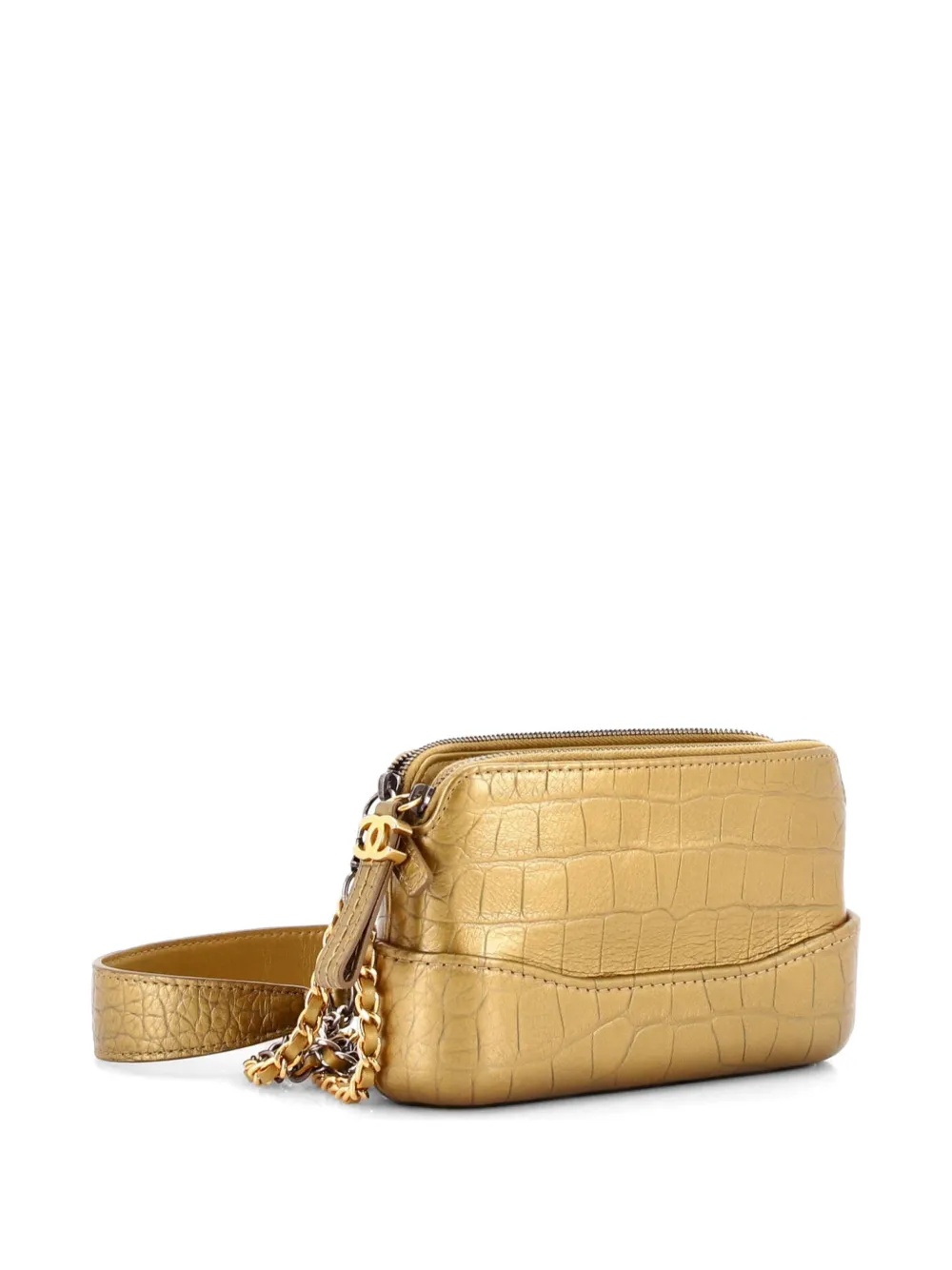 Gabrielle Logo Handle Double Zip Clutch With Chain Crocodile Embossed Calfskin Shoulder Bag