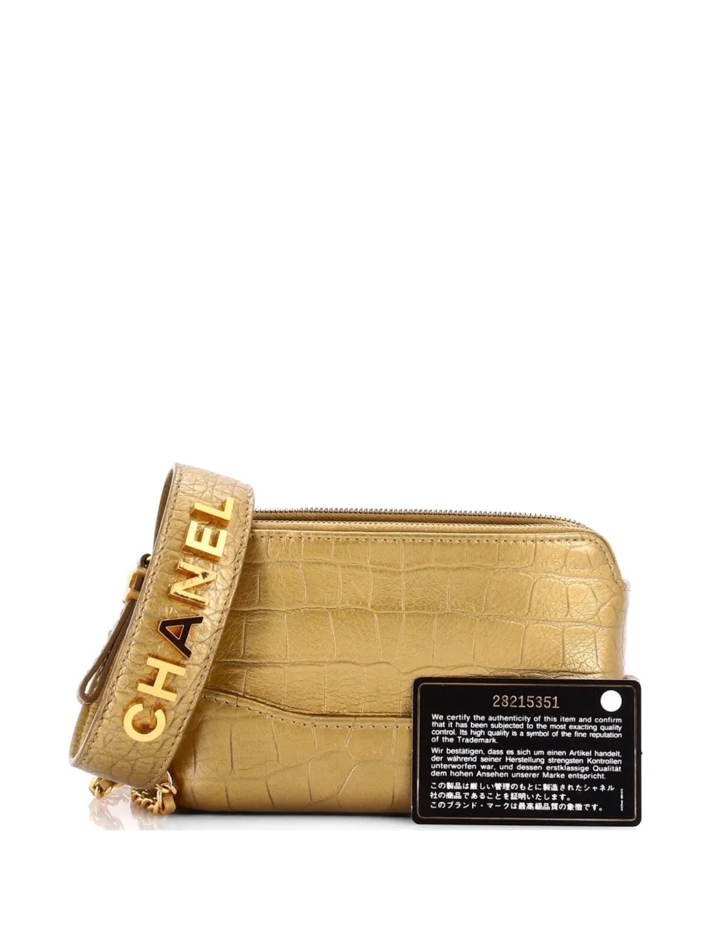 Gabrielle Logo Handle Double Zip Clutch With Chain Crocodile Embossed Calfskin Shoulder Bag