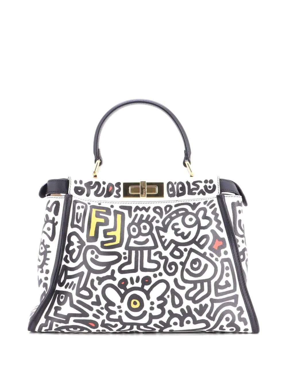  Fendi Pre-owned X Mr. Doodle Peekaboo Iconic Bag Printed Leather Regular Satchel - Black 