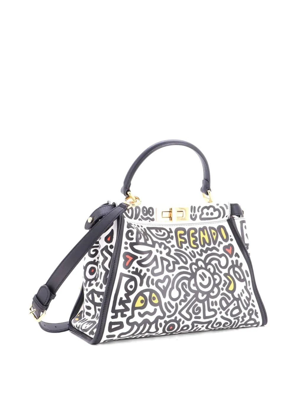 Fendi Pre-owned X Mr. Doodle Peekaboo Iconic Bag Printed Leather Regular Satchel - Black 