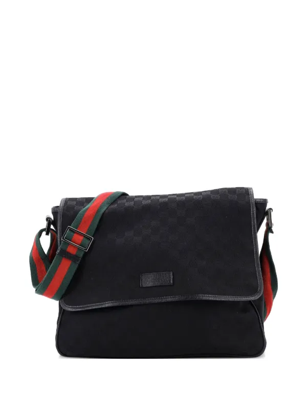 Gucci Pre-owned Web Strap Flap Messenger GG Canvas Medium Crossbody Bag in Black