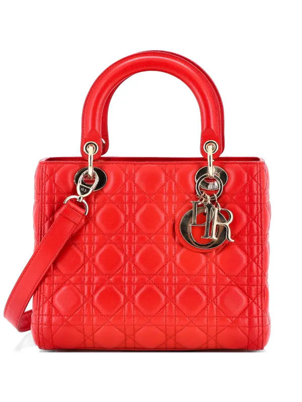 Dior Pre-owned Lady Dior Bag Cannage Quilt Lambskin Medium Satchel in Red