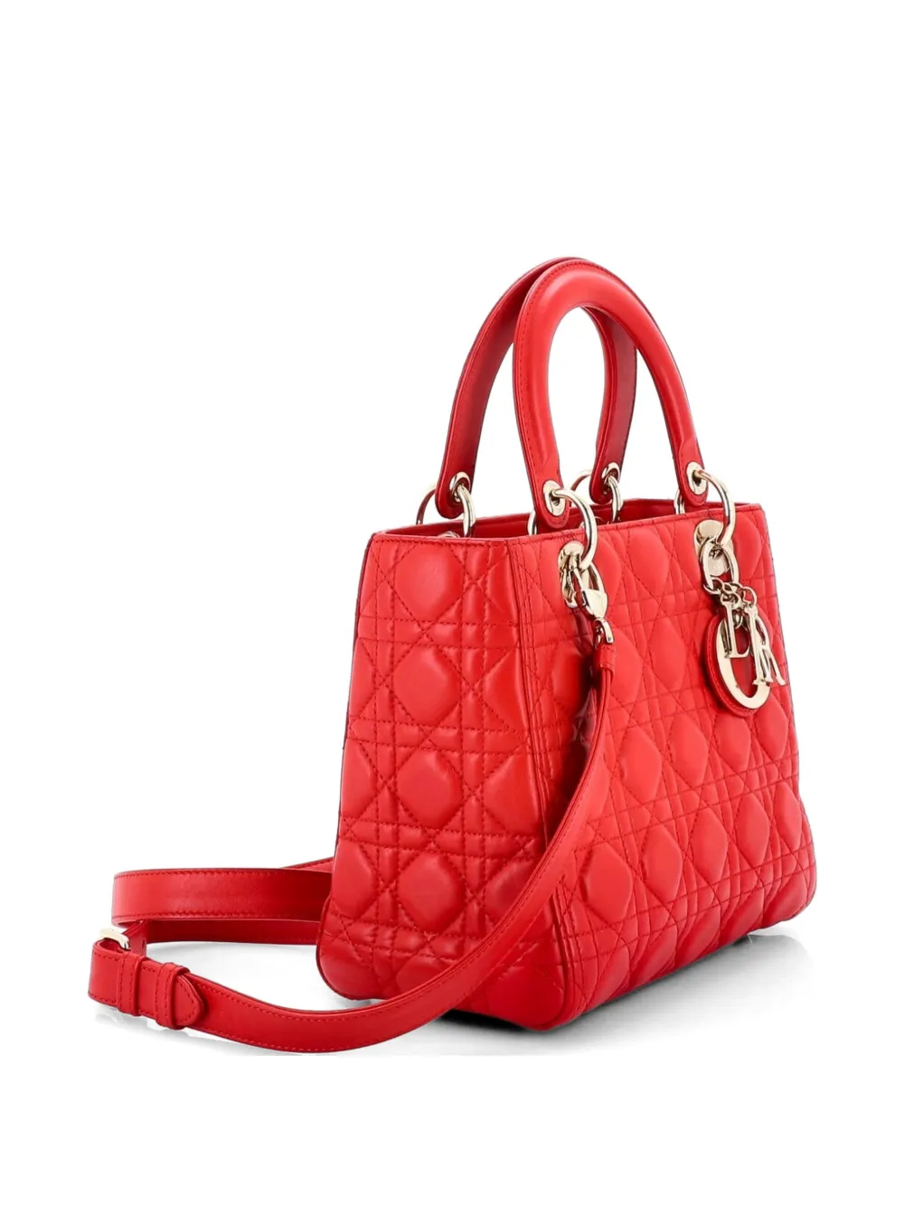 Dior Pre-owned Lady Dior Bag Cannage Quilt Lambskin Medium Satchel in Red, view 3