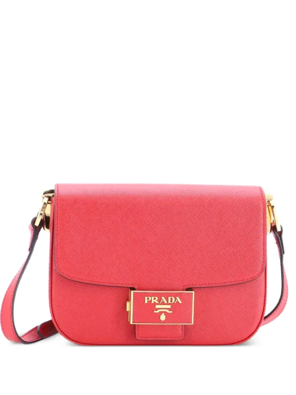 Prada Pre-owned Embleme Flap Bag Saffiano Leather Small Shoulder Bag in Red