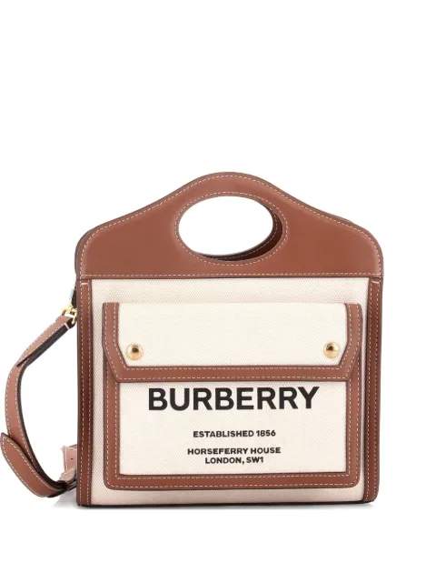 Burberry Pre-Owned 로고 포켓 레더 미디엄 캔버스 토트 크로스 백