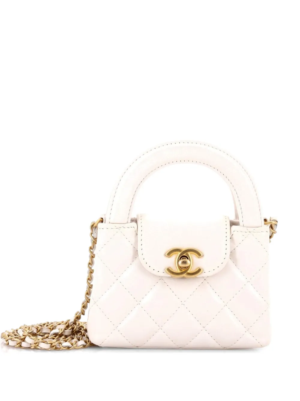 CHANEL Pre-Owned Kelly Top Handle Shopping Bag Quilted Shiny Aged Calfskin Nano crossbody bag - Bianco