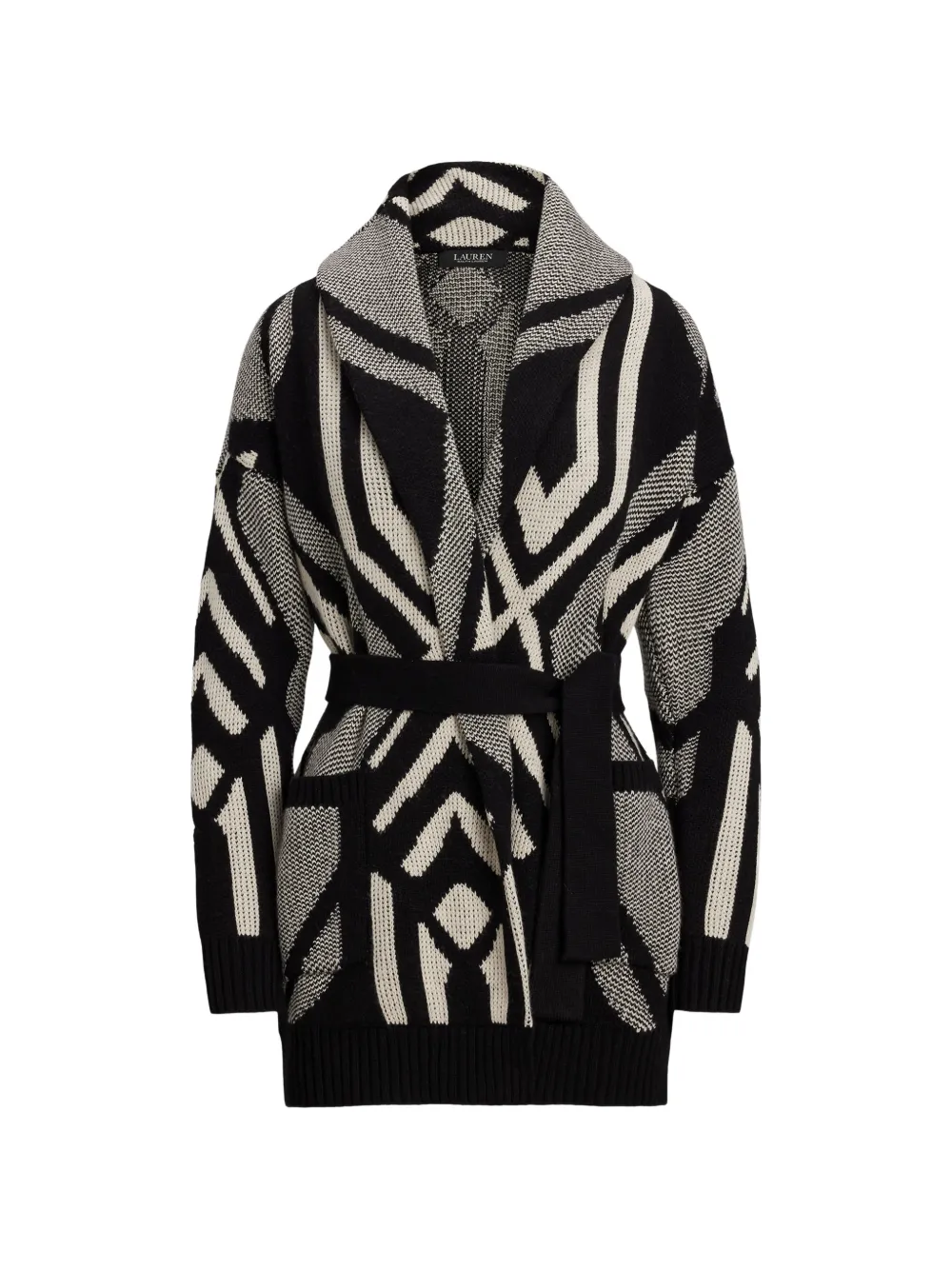 Lauren Ralph Lauren geometric-pattern belted cardigan - Nero