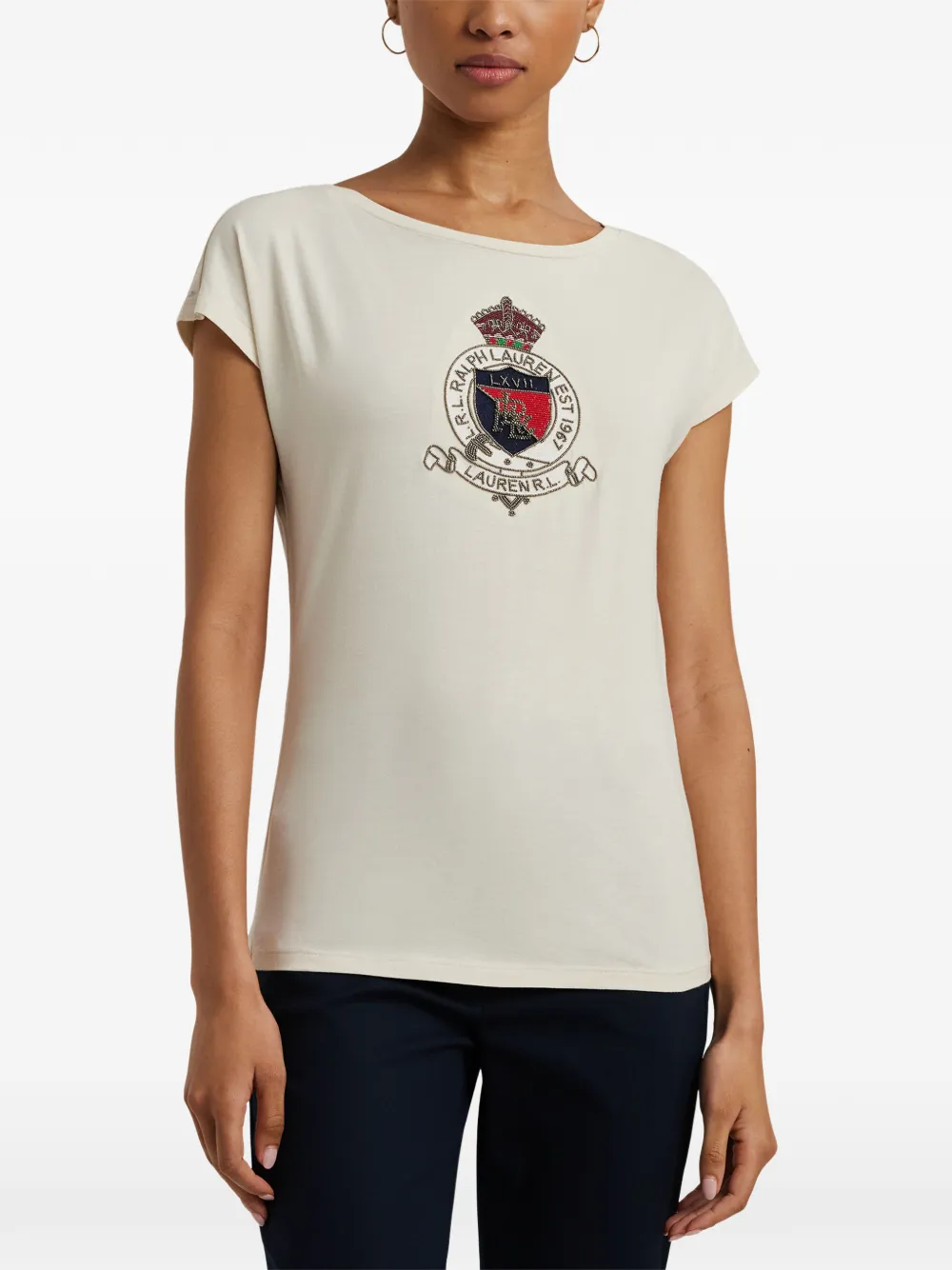 Lauren Ralph Lauren T-shirt met kapmouwen en patch Beige