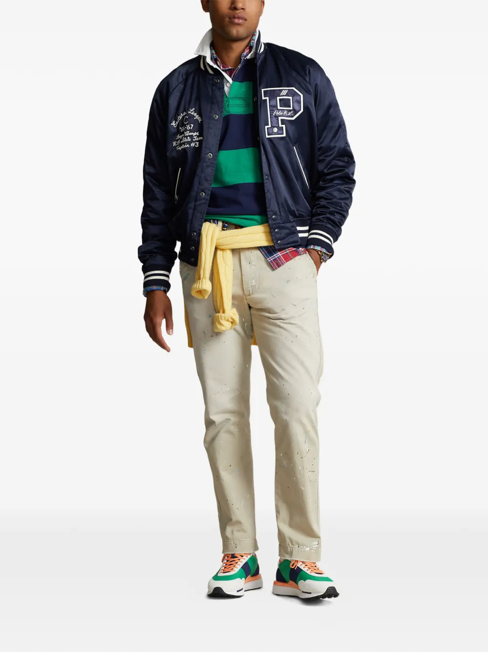 Polo Ralph Lauren Satin Letterman Bomber Jacket In Blue