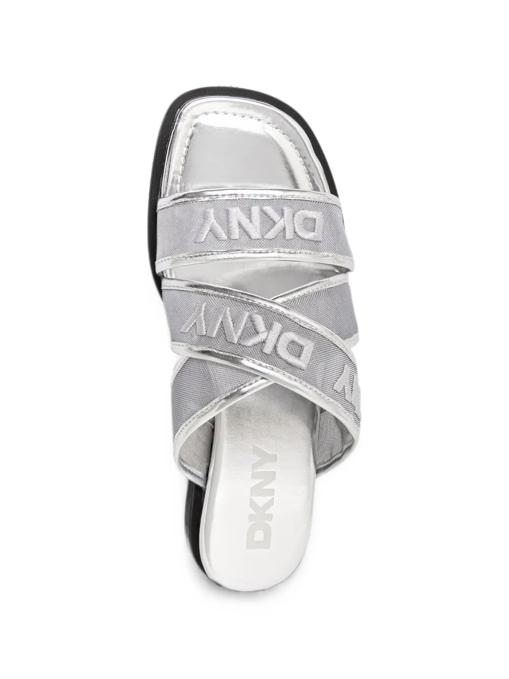 DKNY Cerelia logo-embroidered crossover-strap slides Zilver