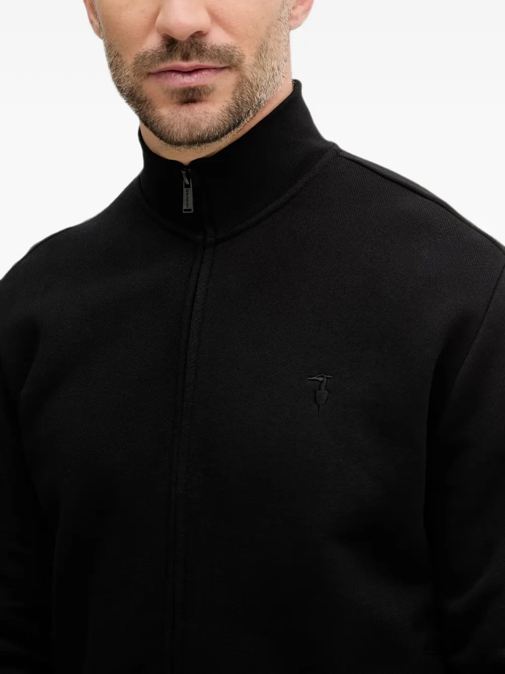 Trussardi logo-embroidered zip-up cardigan Zwart
