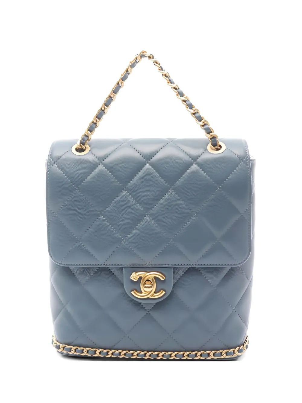 CHANEL Pre-Owned 2021 Camellia diamond-quilting chain-strap backpack - Blue