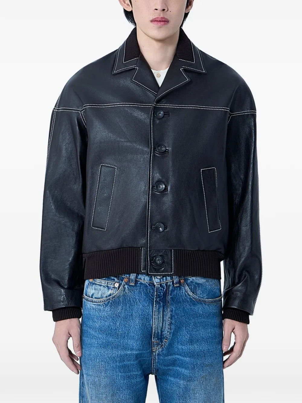 Wales Bonner ribbed trims notched leather jacket - Marrone