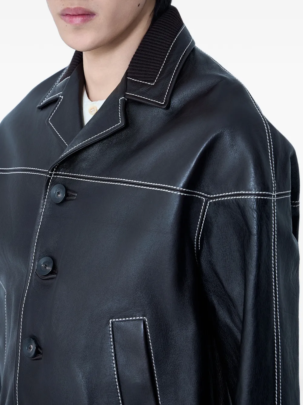 Wales Bonner Ribbed Trims Notched Leather Jacket | Brown | FARFETCH