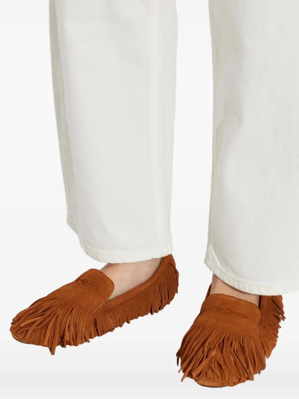 AllSaints Sandy suède loafers met franje Bruin