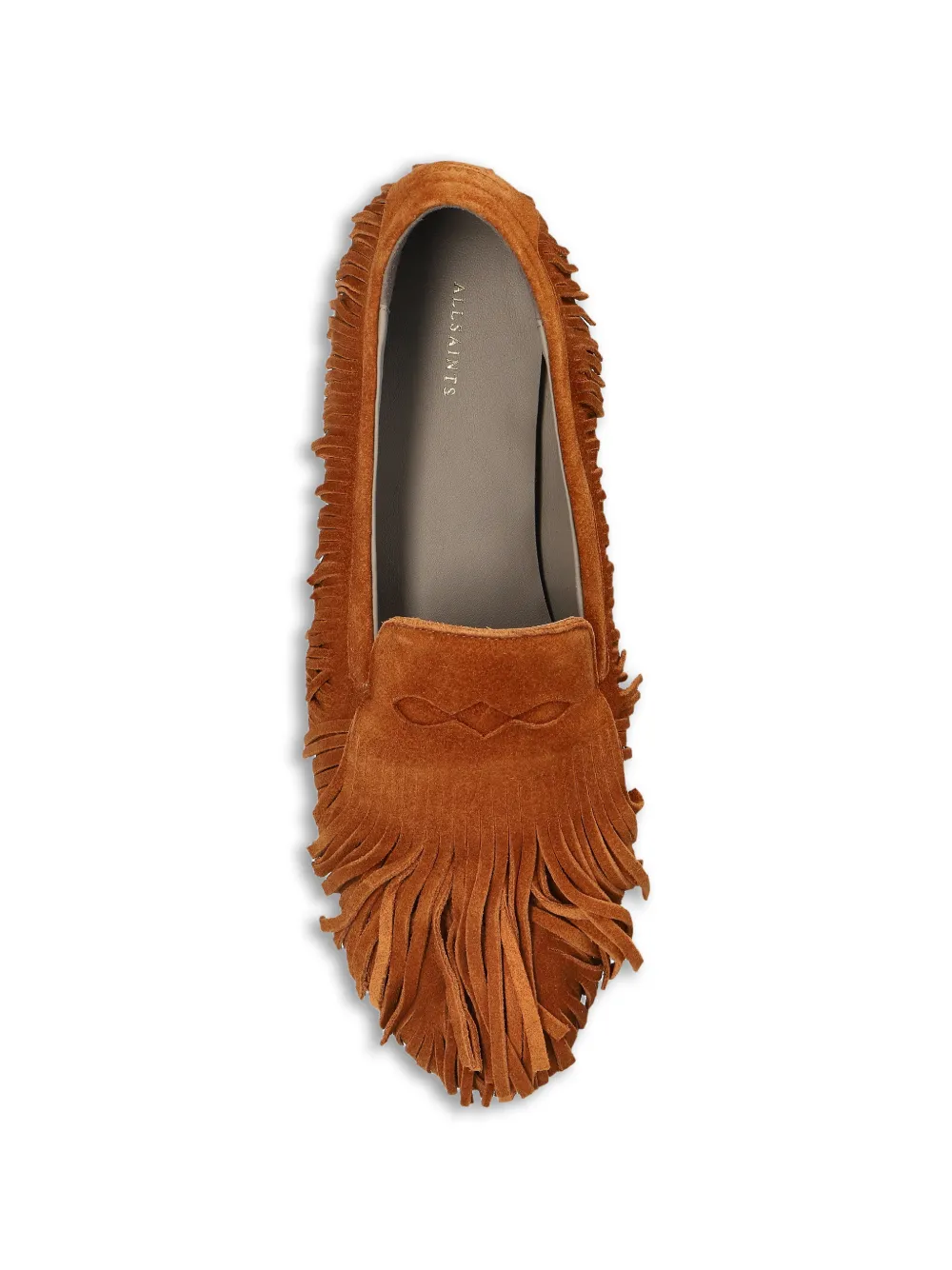 AllSaints Sandy suède loafers met franje Bruin