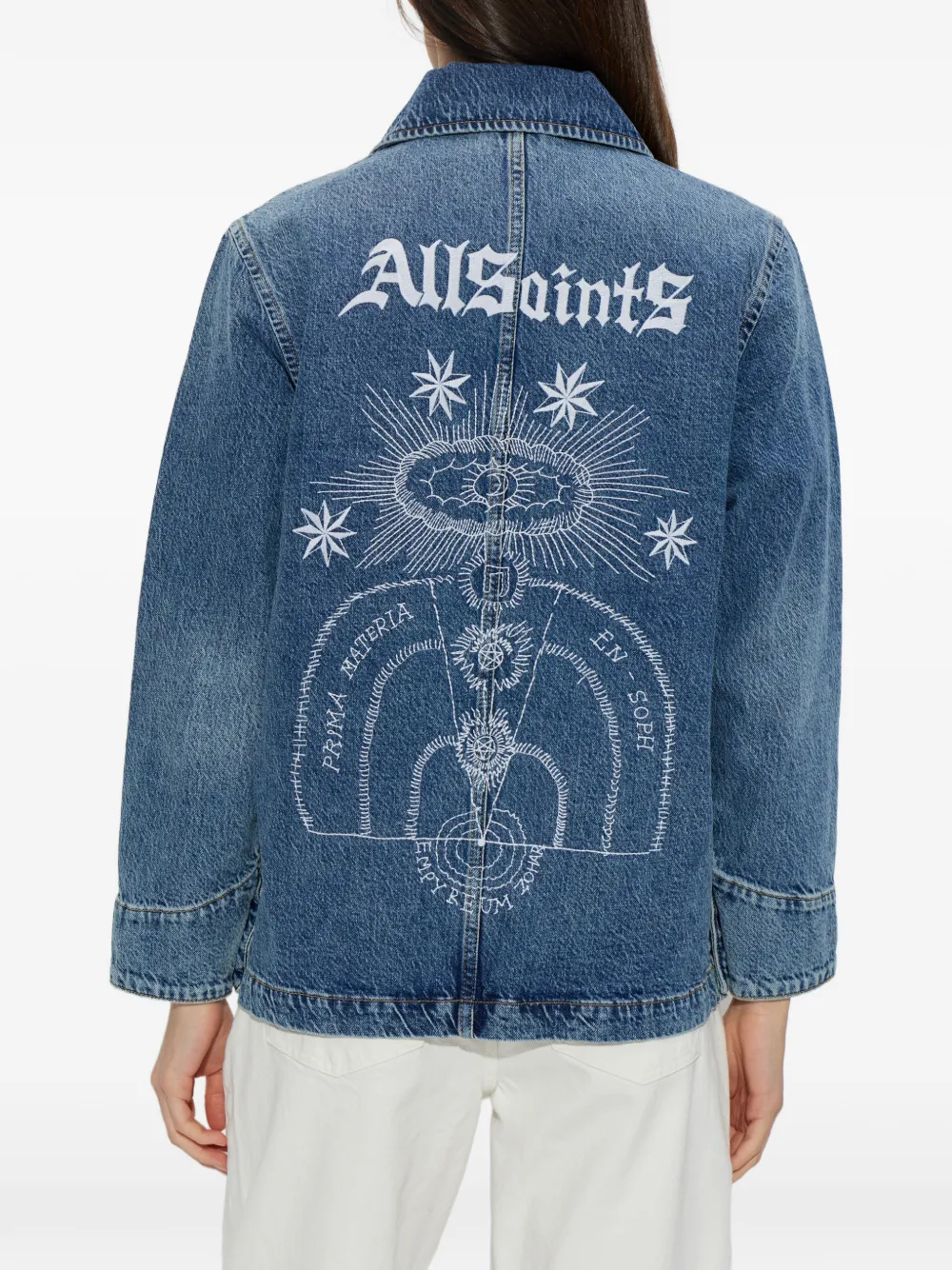 AllSaints Bex denim jack verfraaid met kristallen Blauw