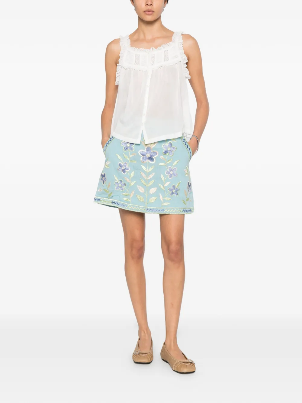  Antik Batik Carioca Floral-embroidered Mini Skirt - Blue 