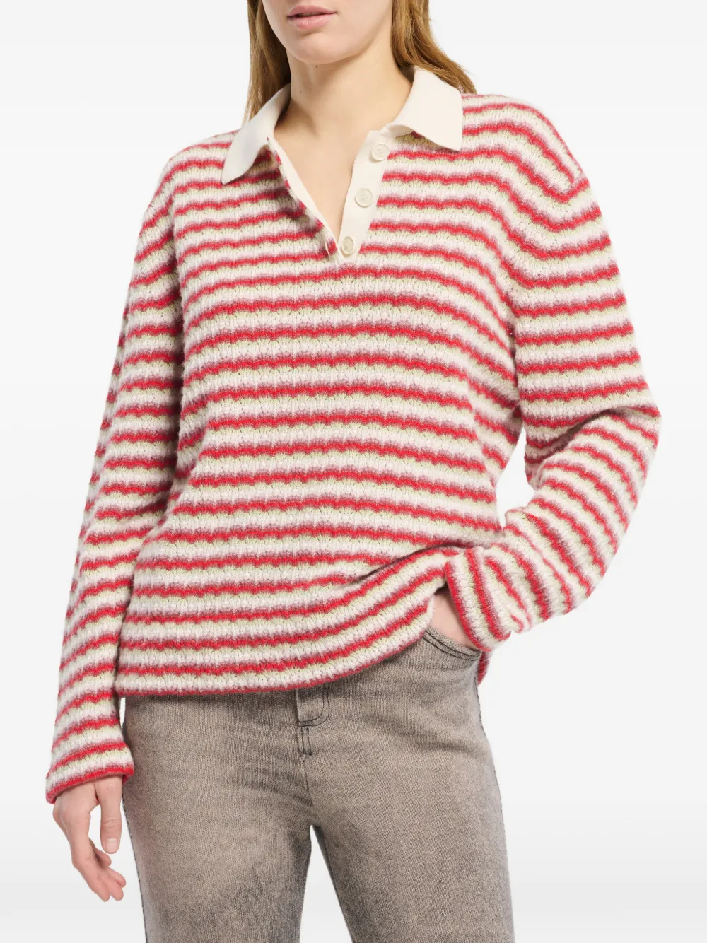 Barrie Gestreept kasjmier poloshirt Rood