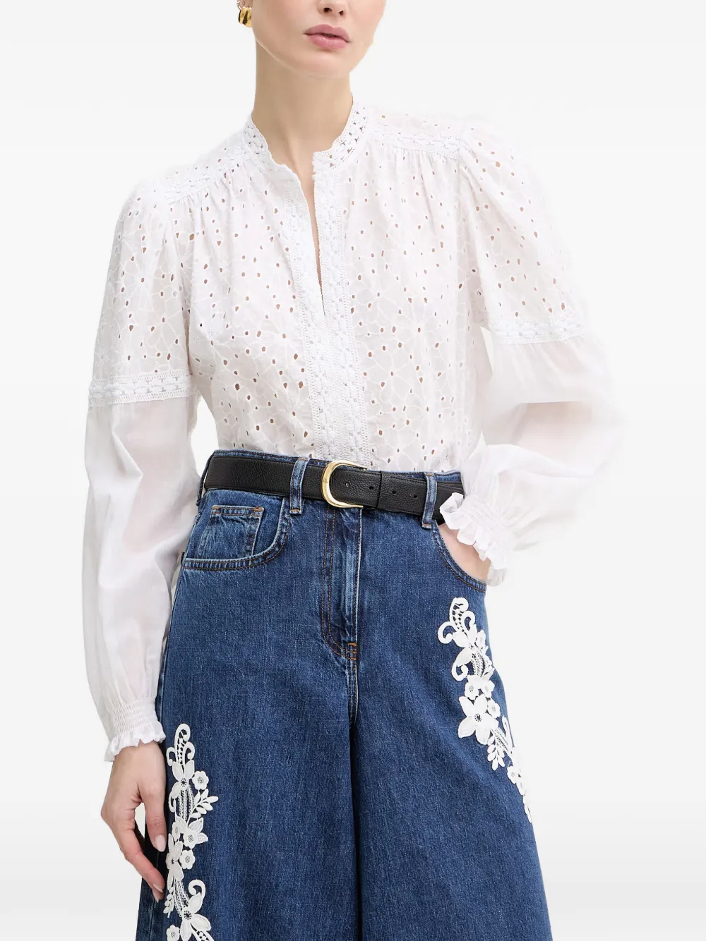 TWINSET broderie-anglaise lace-trim blouse - Bianco