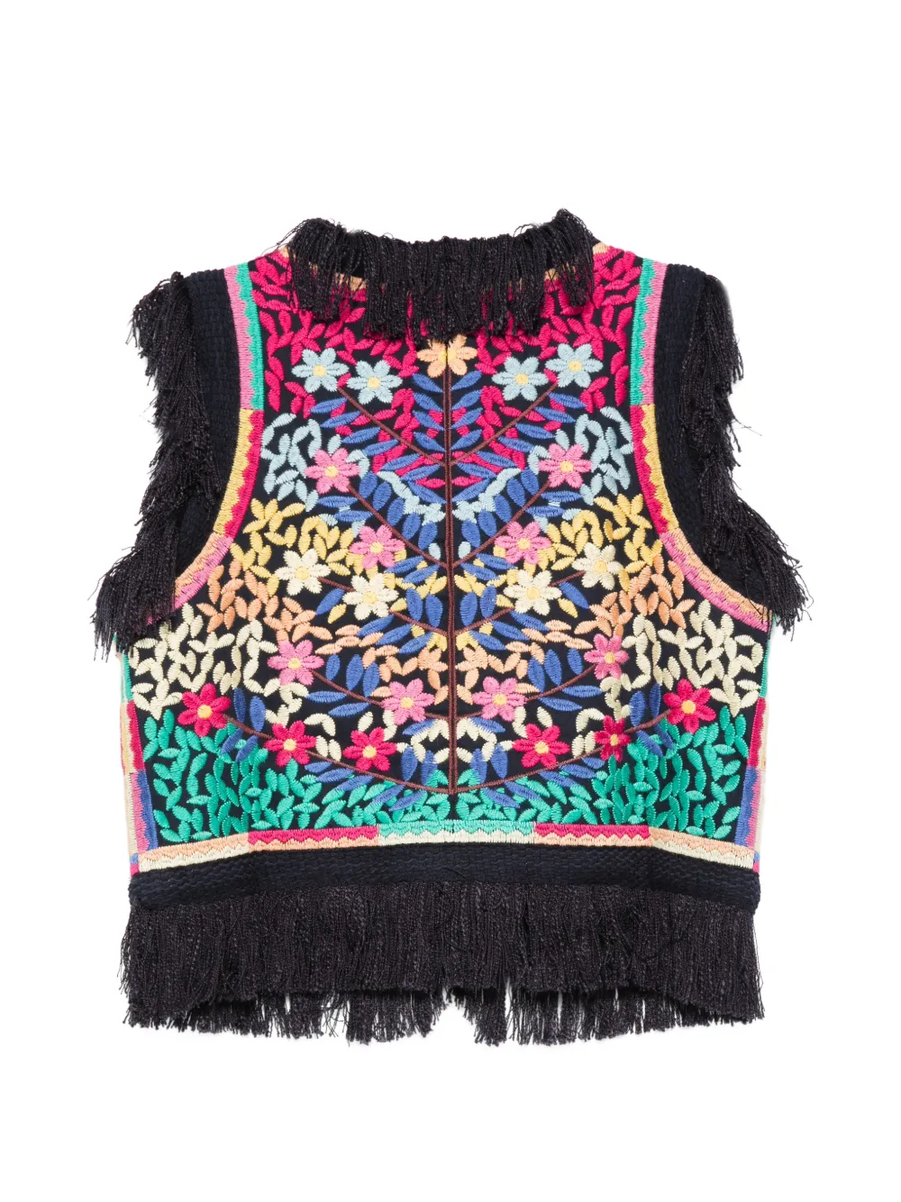 Antik Batik Rainbow Floral-embroidered Fringe Vest - Black 