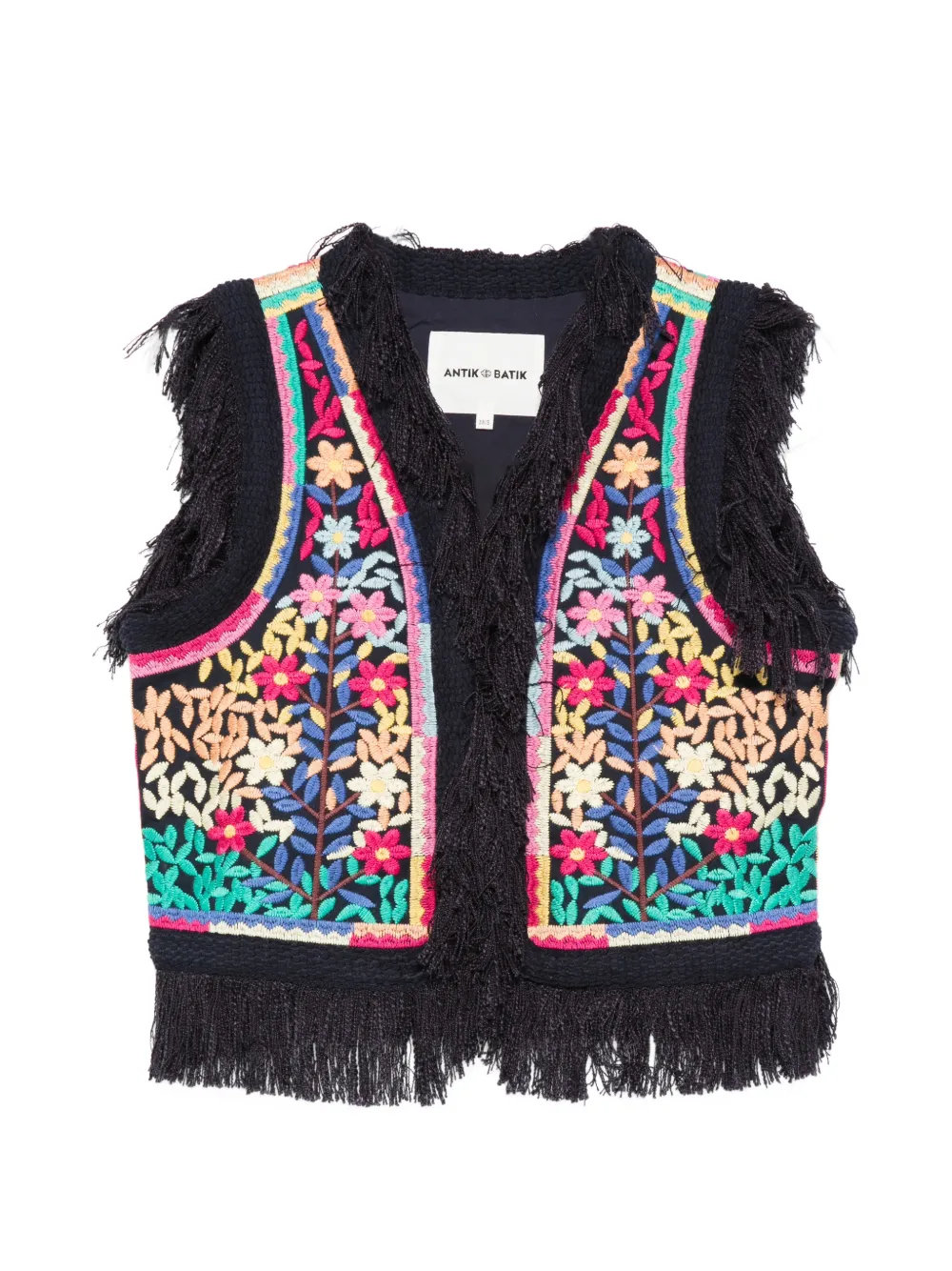 Antik Batik Rainbow floral-embroidered fringe vest - Black
