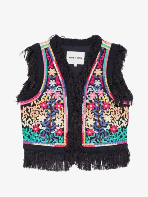 Antik Batik Rainbow floral-embroidered fringe vest