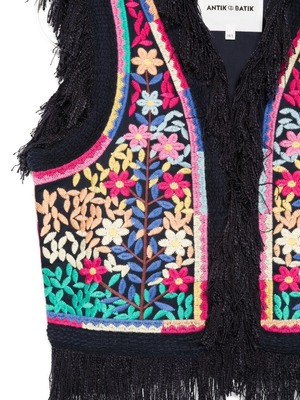  Antik Batik Rainbow Floral-embroidered Fringe Vest - Black 